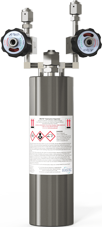 BRUTE Hydrazine product - a metal canister with two control gauges coming out of it.