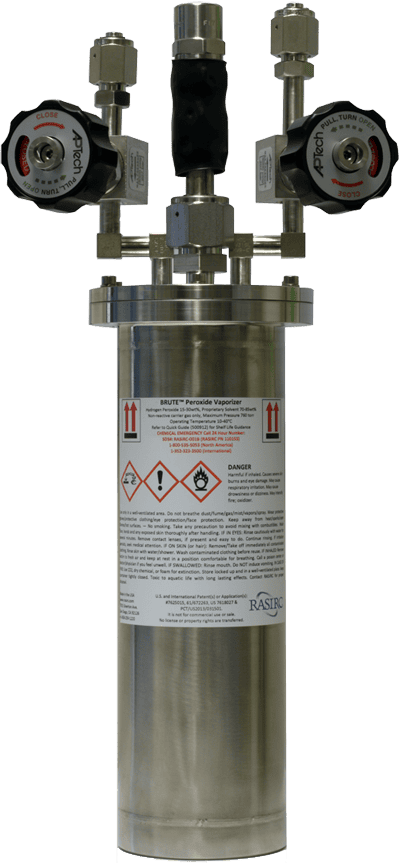 BRUTE Peroxide - a silver metal canister with two control gauges attached