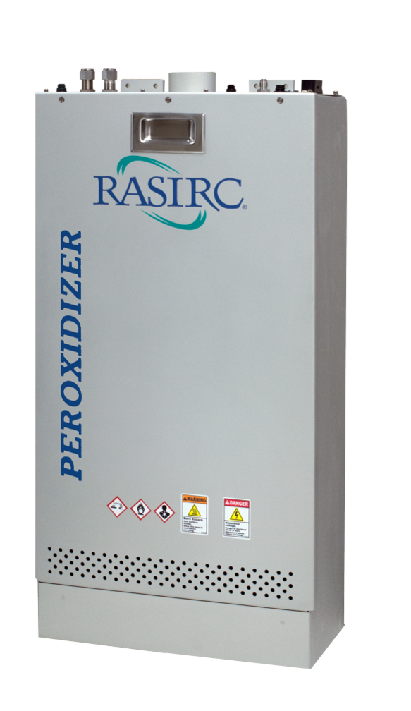 Peroxidizer product - a grey, rectangke-shaped box with hook-ups on one side and the Rasirc logo on the front